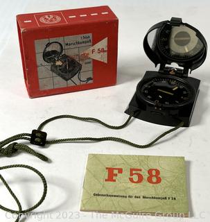 WWII German Army Marching Compass in Factory Box with Lanyard Cord and Factory Instruction Book (was 164RS)