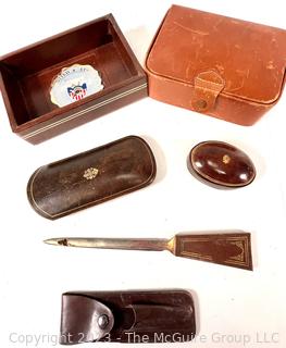 Group of Leather Desk Items Including Trinket Boxes and Letter Opener. 