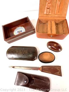 Group of Leather Desk Items Including Trinket Boxes and Letter Opener. 