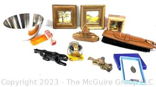 Collection of Desk Items Including Two (2) Small Frames, Wood Boat Puzzle, Ceramic Leopard and More