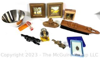 Collection of Desk Items Including Two (2) Small Frames, Wood Boat Puzzle, Ceramic Leopard and More