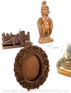 Souvenir Travel Items Including Frame, Musical Smoking Tray and Tiki Figurine