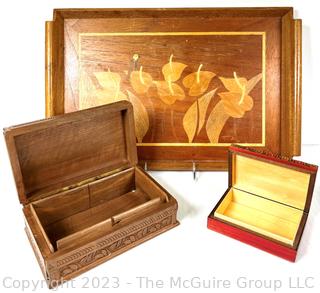 Two (2) Carved Wood Trinket Boxes and Inlaid Wood Tray 