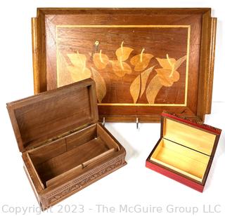 Two (2) Carved Wood Trinket Boxes and Inlaid Wood Tray 