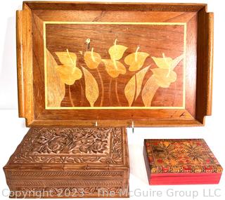 Two (2) Carved Wood Trinket Boxes and Inlaid Wood Tray 