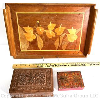 Two (2) Carved Wood Trinket Boxes and Inlaid Wood Tray 