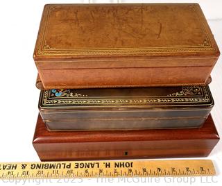 Three (3) Trinket Jewelry Boxes in Leather and Wood. Music box