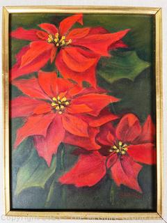 Framed Original Oil on Canvas of Poinsettias Signed by Artist.  13" x 16"