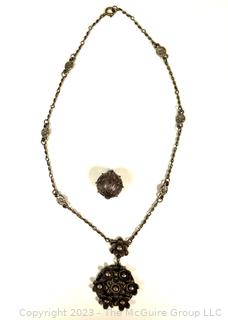 Victorian Brass Floral Beaded Necklace and Ball Pendant