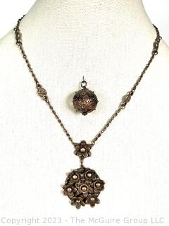 Victorian Brass Floral Beaded Necklace and Ball Pendant