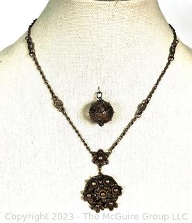 Victorian Brass Floral Beaded Necklace and Ball Pendant