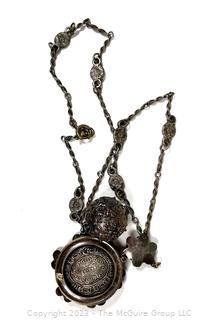 Victorian Brass Floral Beaded Necklace and Ball Pendant