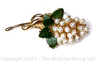 Gold Plated Fresh Water Pearl and Glass Leaves Grape Vine Brooch 