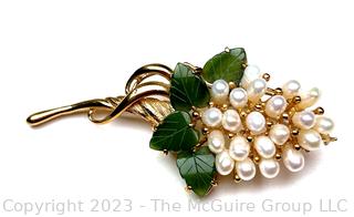 Gold Plated Fresh Water Pearl and Glass Leaves Grape Vine Brooch 