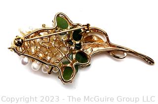 Gold Plated Fresh Water Pearl and Glass Leaves Grape Vine Brooch 