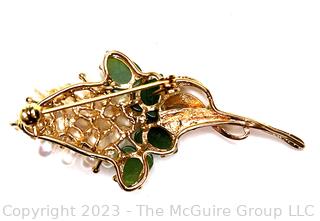 Gold Plated Fresh Water Pearl and Glass Leaves Grape Vine Brooch 