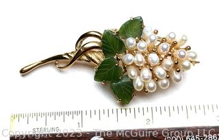 Gold Plated Fresh Water Pearl and Glass Leaves Grape Vine Brooch 