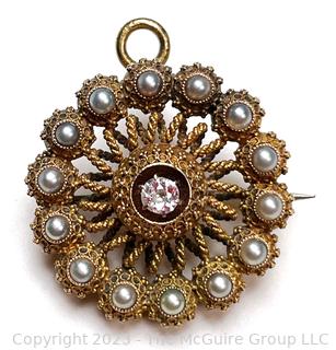 14KT Gold Filigree and Pearl Round Brooch Pendant Tested