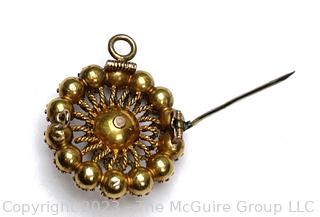 14KT Gold Filigree and Pearl Round Brooch Pendant Tested