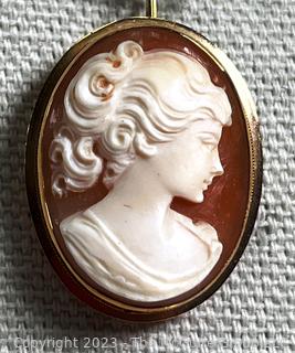 Victorian Carved Pink Shell Cameo Brooch and Pendant in 14k Gold Surround. Total Weight is 4.4 Grams 