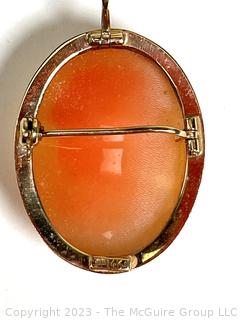 Victorian Carved Pink Shell Cameo Brooch and Pendant in 14k Gold Surround. Total Weight is 4.4 Grams 