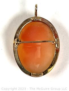 Victorian Carved Pink Shell Cameo Brooch and Pendant in 14k Gold Surround. Total Weight is 4.4 Grams 