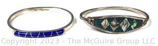 Two (2) Sterling Silver Bracelets Inlaid with Abalone and Lapis