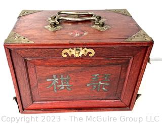 Antique Mah Jong Set with Bone Engraved Tiles On Bamboo Backs and Betting Sticks in Wood Inlaid Case with Drawers and Brass Fixtures