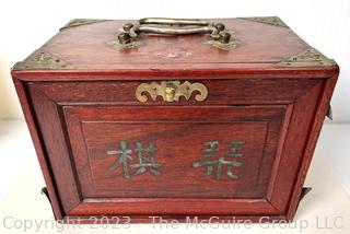 Antique Mah Jong Set with Bone Engraved Tiles On Bamboo Backs and Betting Sticks in Wood Inlaid Case with Drawers and Brass Fixtures