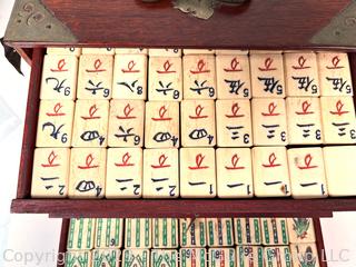 Antique Mah Jong Set with Bone Engraved Tiles On Bamboo Backs and Betting Sticks in Wood Inlaid Case with Drawers and Brass Fixtures