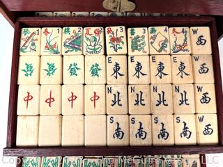 Antique Mah Jong Set with Bone Engraved Tiles On Bamboo Backs and Betting Sticks in Wood Inlaid Case with Drawers and Brass Fixtures