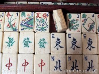 Antique Mah Jong Set with Bone Engraved Tiles On Bamboo Backs and Betting Sticks in Wood Inlaid Case with Drawers and Brass Fixtures