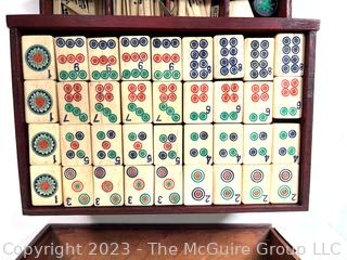 Antique Mah Jong Set with Bone Engraved Tiles On Bamboo Backs and Betting Sticks in Wood Inlaid Case with Drawers and Brass Fixtures