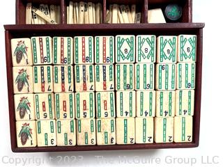 Antique Mah Jong Set with Bone Engraved Tiles On Bamboo Backs and Betting Sticks in Wood Inlaid Case with Drawers and Brass Fixtures