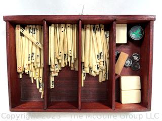 Antique Mah Jong Set with Bone Engraved Tiles On Bamboo Backs and Betting Sticks in Wood Inlaid Case with Drawers and Brass Fixtures