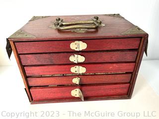 Antique Mah Jong Set with Bone Engraved Tiles On Bamboo Backs and Betting Sticks in Wood Inlaid Case with Drawers and Brass Fixtures