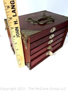 Antique Mah Jong Set with Bone Engraved Tiles On Bamboo Backs and Betting Sticks in Wood Inlaid Case with Drawers and Brass Fixtures