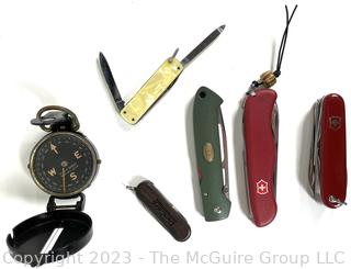 Five (5) Pocket Knives and Military Compas