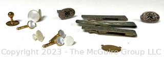 Group of Mens Accessories Including Pearl Studs and Three Sterling Silver Tie Bars and Cuff Links