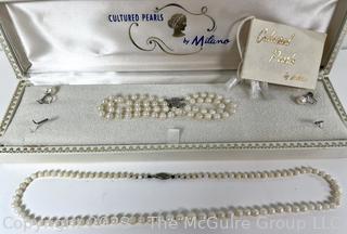 Set of Cultured Pearl Jewelry by Milano Including Graduated Necklace, Triple Strand Bracelet and Screw Back Earring in Box