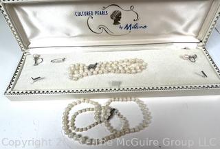 Set of Cultured Pearl Jewelry by Milano Including Graduated Necklace, Triple Strand Bracelet and Screw Back Earring in Box