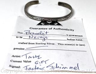 Navajo Native American Sterling Silver Cuff Bracelet by Artist Tahe with Certificate