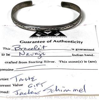 Navajo Native American Sterling Silver Cuff Bracelet by Artist Tahe with Certificate