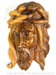  Hand Carved in Bethlehem Olive Wood Face of Jesus with Crown of Thorns Wall Plaque. Measures 8" long (was 99BC)