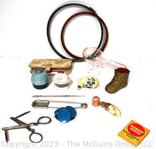 Vintage Sewing Supplies Including General Electric and Hoover Promotional Measuring Tapes and Thimble Kit.