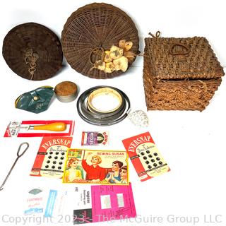 Three (3) Antique Wicker Sewing Baskets with Sewing Accesories