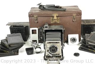 Antique 4" x 5" GRAFLEX Speed Graphic Large Format View Camera With OPTAR F/4.7 135mm and OPTAR F/6.8 90mm Lenses and Film Holders in Carrying Case.  (was 52JT)