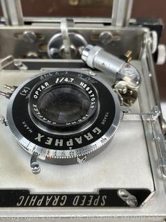 Antique 4" x 5" GRAFLEX Speed Graphic Large Format View Camera With OPTAR F/4.7 135mm and OPTAR F/6.8 90mm Lenses and Film Holders in Carrying Case.  (was 52JT)