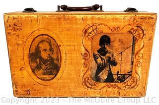 Handmade Folk Art Wood "Briefcase" with Decopage Graphics and Pyrographic Details.. (was 0392JT)