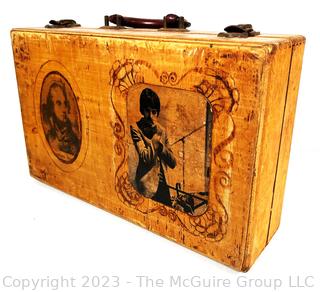 Handmade Folk Art Wood "Briefcase" with Decopage Graphics and Pyrographic Details.. (was 0392JT)